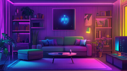 modern living room featuring AI controlled lighting, vibrant colors, and cozy atmosphere. space includes green sofa, stylish decor, and plants, creating relaxing environment