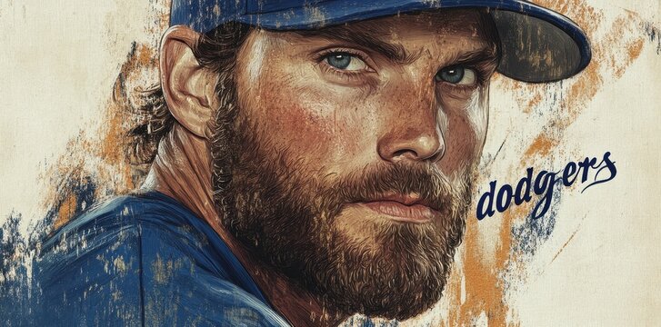 Artistic rendition of a bearded dodgers baseball player portrait
