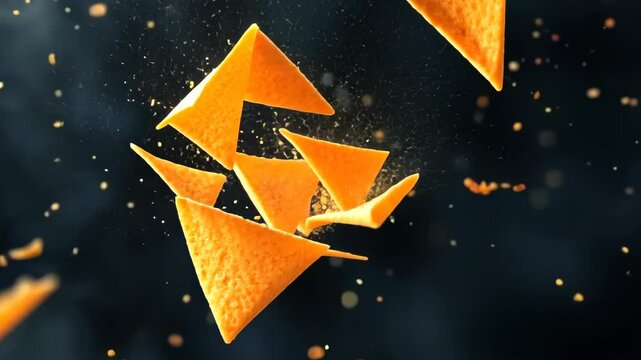 Crunchy fresh Doritos soar through the air against a dark backdrop, enticingly delicious, Ai Generated.
