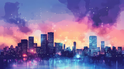 Fototapeta premium Cityscape with holographic data projections in the sky. Holographic Projections. Illustration