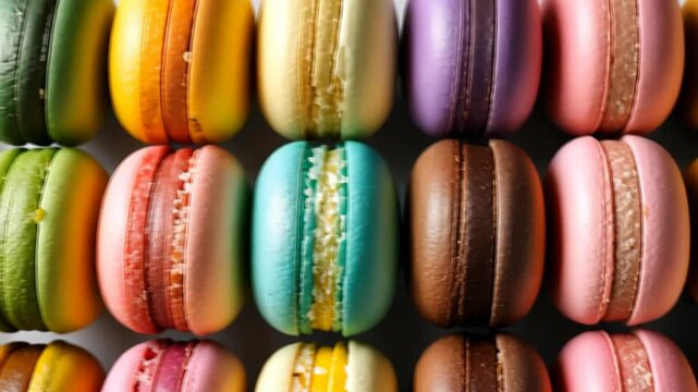 A close up view of colorful macarons shows rows of delicious French confections, Ai Generated
