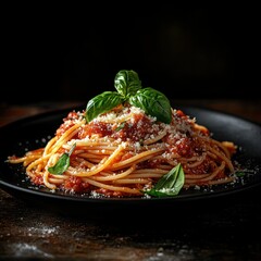 Spaghetti, tomato sauce, basil, parmesan, dark plate, rustic background, food photography, menu