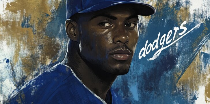 Painted portrait depicts baseball player in dodgers uniform and cap
