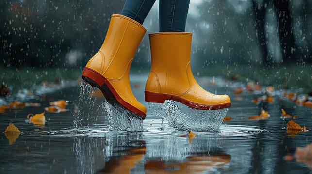Bright yellow boots splash through puddles in a rainy park surrounded by autumn leaves