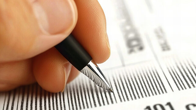 Writing a signature on a document with a pen while focusing on a barcode in an office setting