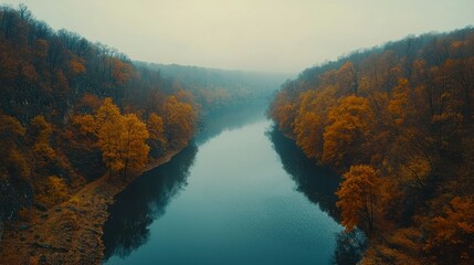 Autumn river valley aerial view, misty morning