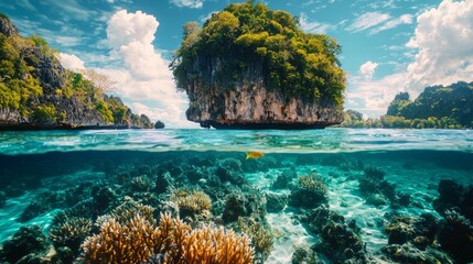 Naklejka premium Beneath the clear blue surface lies a breathtaking world of coral reefs teeming with colorful fish, set against a backdrop of lush islands bathed in warm sunlight