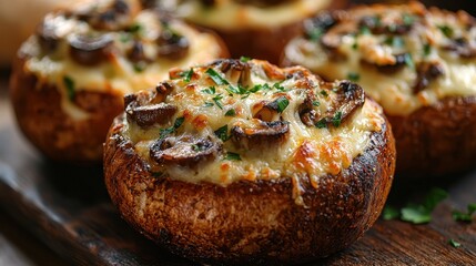 Delicious stuffed mushrooms topped with cheese and herbs, ready to serve.