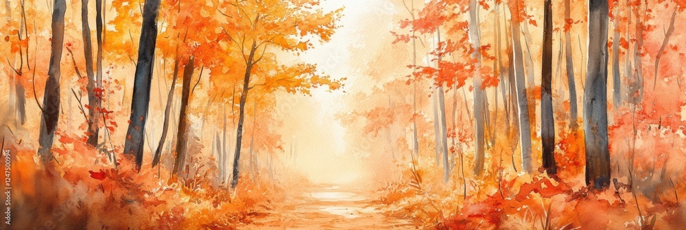 Poster vibrant autumn landscape with golden leaves and a tranquil path through the forest during a peaceful
