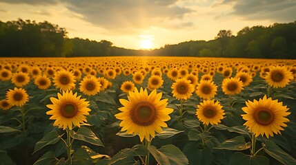 Sunset Sunflowers Field Landscape, Idyllic Rural Scene