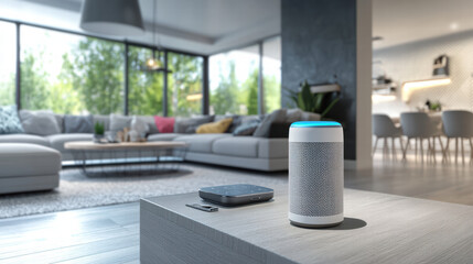 Smart home with voice activated personal assistant in modern living room. sleek design and functionality enhance cozy atmosphere, making it perfect space for relaxation