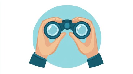  two hands holding binoculars in a cartoon style,   features a blue color palette, circular shapes