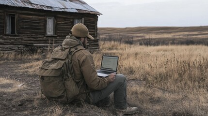 Man works remotely on laptop, rustic cabin background, rural landscape, freelance work