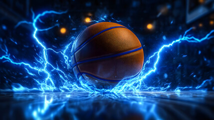 Fototapeta premium A basketball glowing with blue lightning bolts, capturing the intensity and speed of the game
