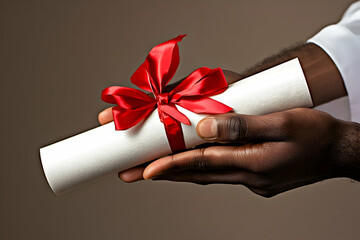 Celebrating achievement with a diploma wrapped in a red ribbon held by a person