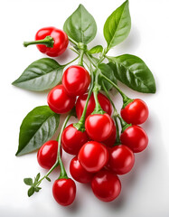 A cluster of glossy, round red peppers with green stems and leaves is displayed on a white background
