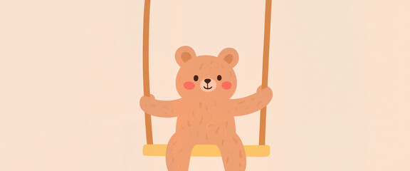 Gentle bear swinging in minimalist playground, playful innocence