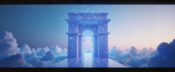 Ethereal archway floating above clouds at twilight, dreamlike journey