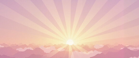 Radiant sun rising over gentle mountains, serene spring atmosphere