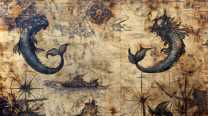 Obraz premium Old nautical chart with mermaids and mythical beasts, sea, exploration. Mythical Beasts. Illustration