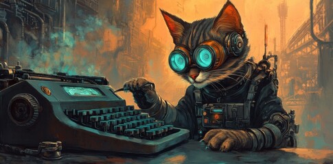 Steampunk cat works on typewriter with goggles and armored clothing