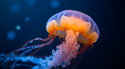 Glowing Orange Jellyfish in Deep Blue Water: Stunning Marine Life Photography, Underwater Ocean Creature Portrait, Aquatic Wildlife Image