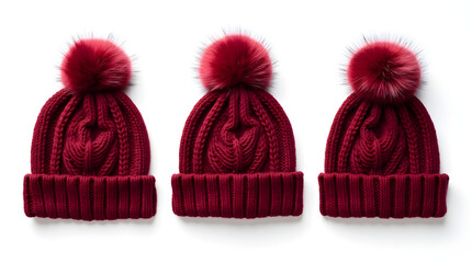 Burgundy Knit Beanie Hats with Faux Fur Pom Poms: Stylish Winter Headwear, Warm Wool Caps, Fashionable Knitwear Accessories, Cozy & Trendy Beanies for Women