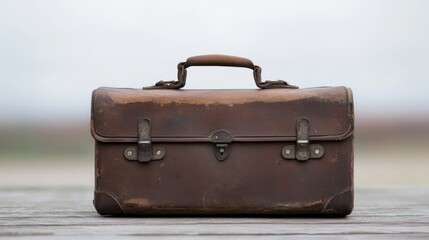 Vintage Leather Suitcase on Wooden Surface