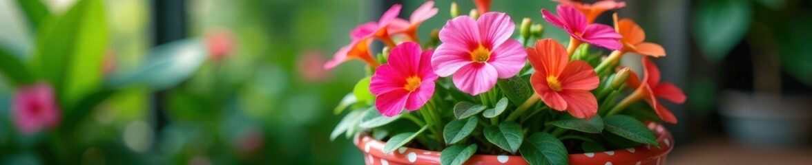 Vibrant blooms in polka dot pot, lush green leaves , photography, orange