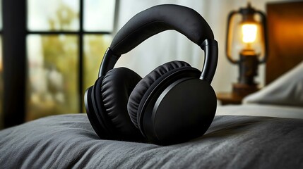 A close-up shot of ergonomic sleep headphones with plush ear pads, soft light from a night lamp highlighting the contours, minimalist design, smooth and ergonomic shape, serene, peaceful