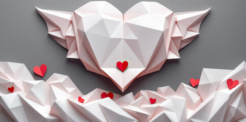 Obraz premium Origami heart with wings and red accents on geometric background