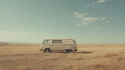 Vintage van parked in a vast, golden field.  Possible use Travel, adventure, nostalgia