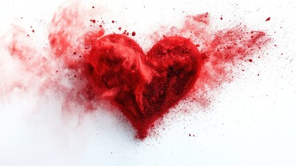 Exploding red heart made of powder on white background