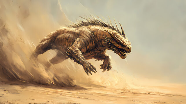 Captivating image of mythical desert creature in motion - exploring imaginary wildlife running in arid landscapes with sand and unique features. Mythical Beasts. Illustration