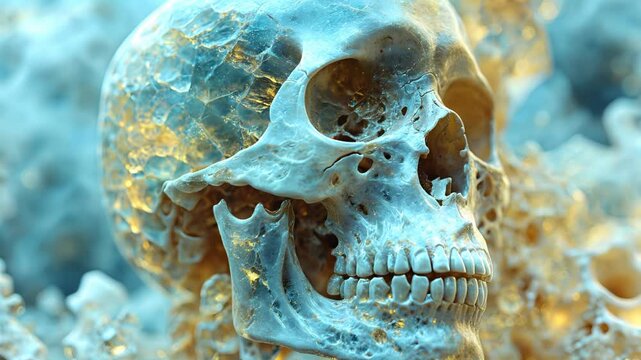 A haunting reminder of mortality. A crystallized skull, a symbol of life's fleeting nature and the beauty of decay.