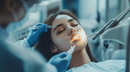 A doctor administers anesthesia to a female patient lying in a dentist's chair.