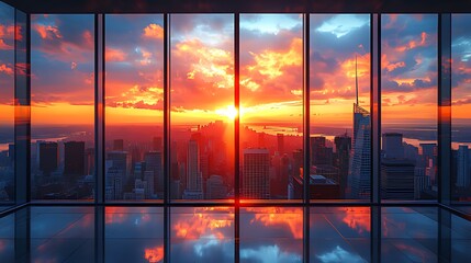 Sunset cityscape view from modern office