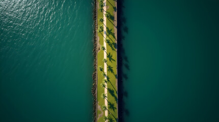 Aerial View of a Lush Green Causeway Lined with Palm Trees, Separating Turquoise Waters, Creating a Stunning Natural Landscape Photography Scene