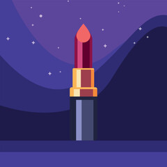 Stylish red lipstick on a bright space background with sparkling stars and a gradient 