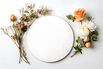 Elegant floral arrangement with white plate on a clean background during a spring afternoon ideal for custom funeral announcements