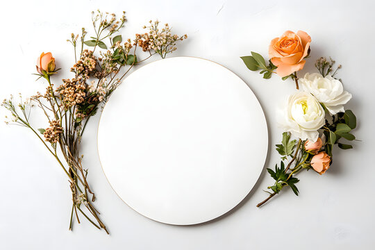 Elegant floral arrangement with white plate on a clean background during a spring afternoon ideal for custom funeral announcements
