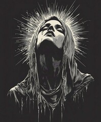 Gothic Virgin Mary and Jesus Illustration with Dark Heavy Metal Elements and Vintage Angel Art