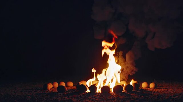 A captivating display of flames surrounds a circle of eggs during a dark night. The flickering firelight creates an enchanting atmosphere filled with warmth and intrigue.