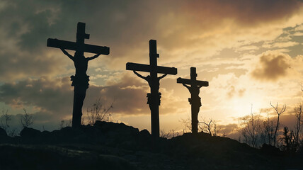 Silhouette of three crosses on hill against dramatic sunset sky and copy space