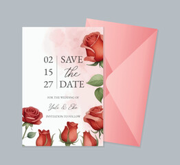 Red rose watercolor wedding invitation template