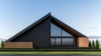 Modern A-Frame House with Large Windows and Warm Evening Lighting in Tranquil Landscape