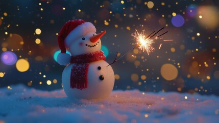 Obraz premium festive snowman with sparkler in snowy winter night