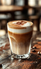 Creamy iced coffee drink served in a clear glass highlighting layers and toppings in a cozy cafe setting