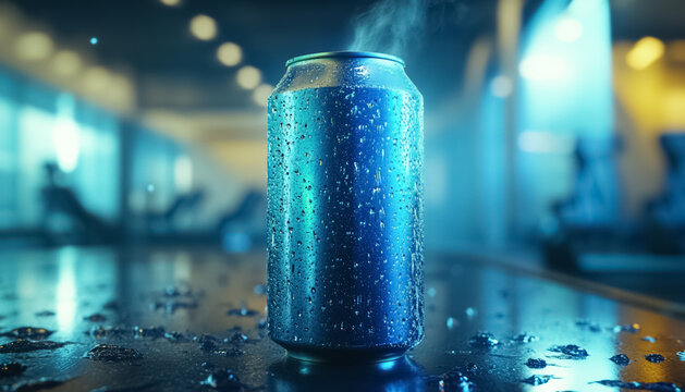 Refreshing beverage can surrounded by cool mist and droplets in a vibrant, atmospheric setting