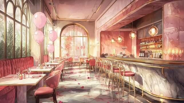 Watercolor Art of a Spacious Fine Dining Restaurant with Elegant Decor. Concept of Luxury Dining Experiences, Exclusive Restaurant Interiors